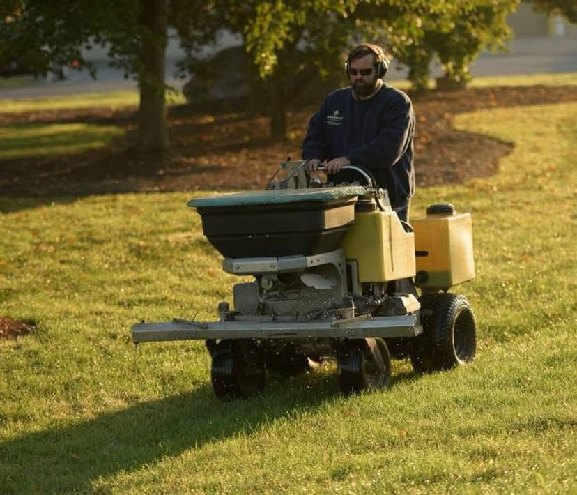 Man using a lawn spreader on grass for landscaping and yard maintenance.