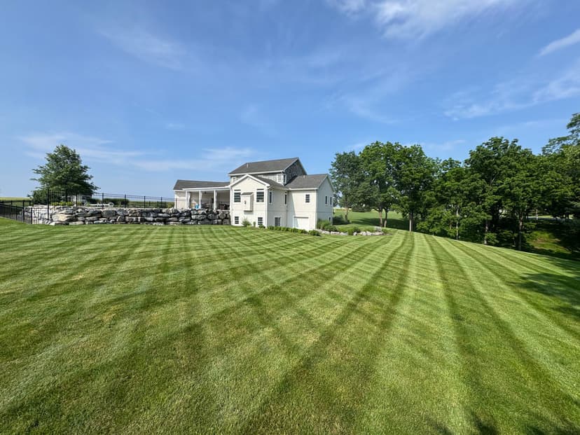 Modern white house on manicured lawn with stone wall, blue sky and trees in background.