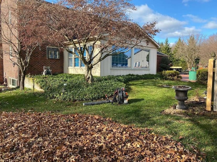 Exterior view of a house with a tree, garden, and autumn leaves, showcasing landscaping details.